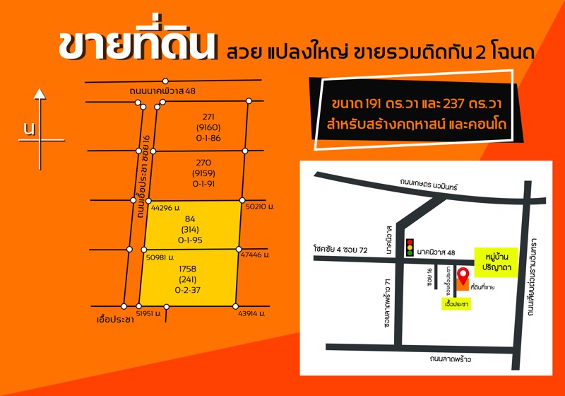 ขายที่ดินสวย กทม. ลาดพร้าว 71 - นาคนิวาส 48 แยก 18 (เอื้อประชา)  2 แปลงติดกัน