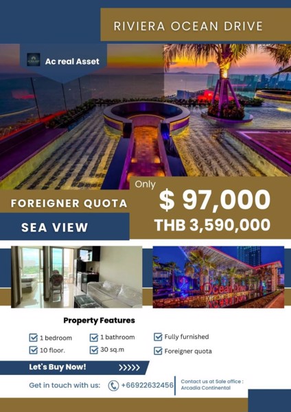 ⚜️ Riviera Ocean Drive ⚜️1 bedroom Sea view Foreigner quota jomtien